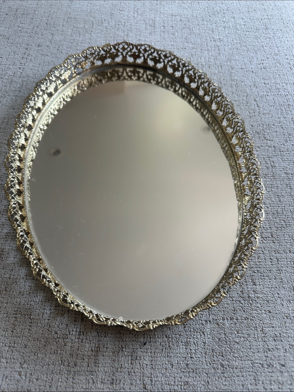 Vintage Hollywood Regency Oval Mirrored Vanity - Gold Filigree Ornate Pierced